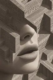 Midjourney generated image using SREF code Binary Busts: a close up of a woman's face surrounded by buildings