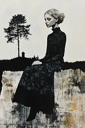 Midjourney generated image using SREF code Bygone Blends: A painting of a woman sitting on a wall with a tree in the background.