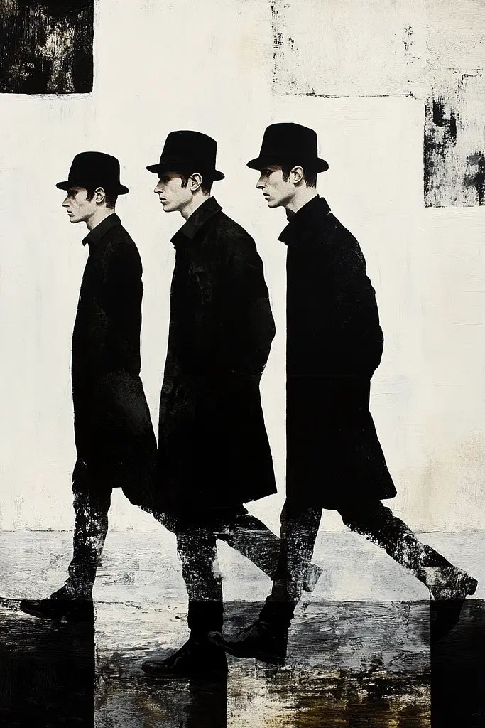 Midjourney generated image using SREF code Bygone Blends: Three men in black coats and hats walking in a row.