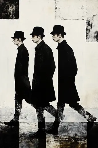 Midjourney generated image using SREF code Bygone Blends: Three men in black coats and hats walking in a row.