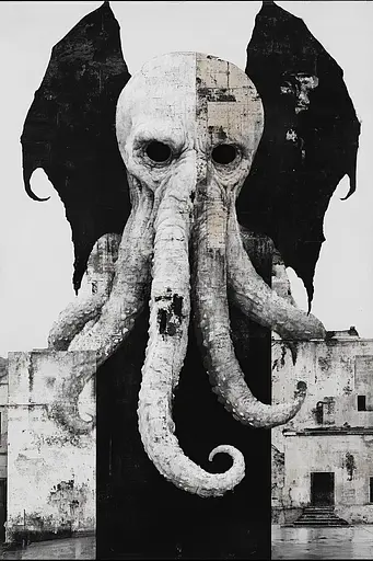 Midjourney generated image using SREF code Bygone Blends: A black and white photo of an octopus with a skull on it's head.