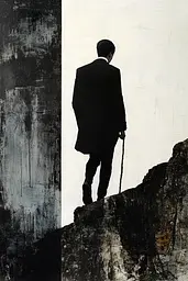 Midjourney generated image using SREF code Bygone Blends: A man in a suit standing on top of a cliff.