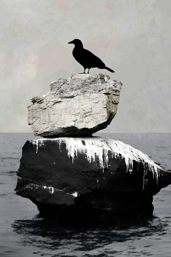 Midjourney generated image using SREF code Bygone Blends: A black bird sitting on top of a rock in the ocean.