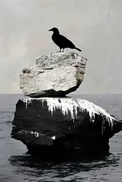 Midjourney generated image using SREF code Bygone Blends: A black bird sitting on top of a rock in the ocean.