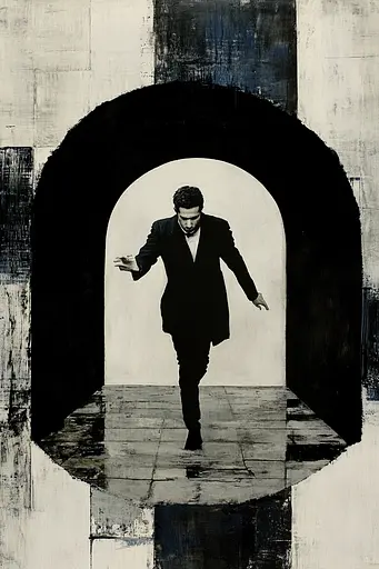 Midjourney generated image using SREF code Bygone Blends: A man in a black suit is walking through an archway.