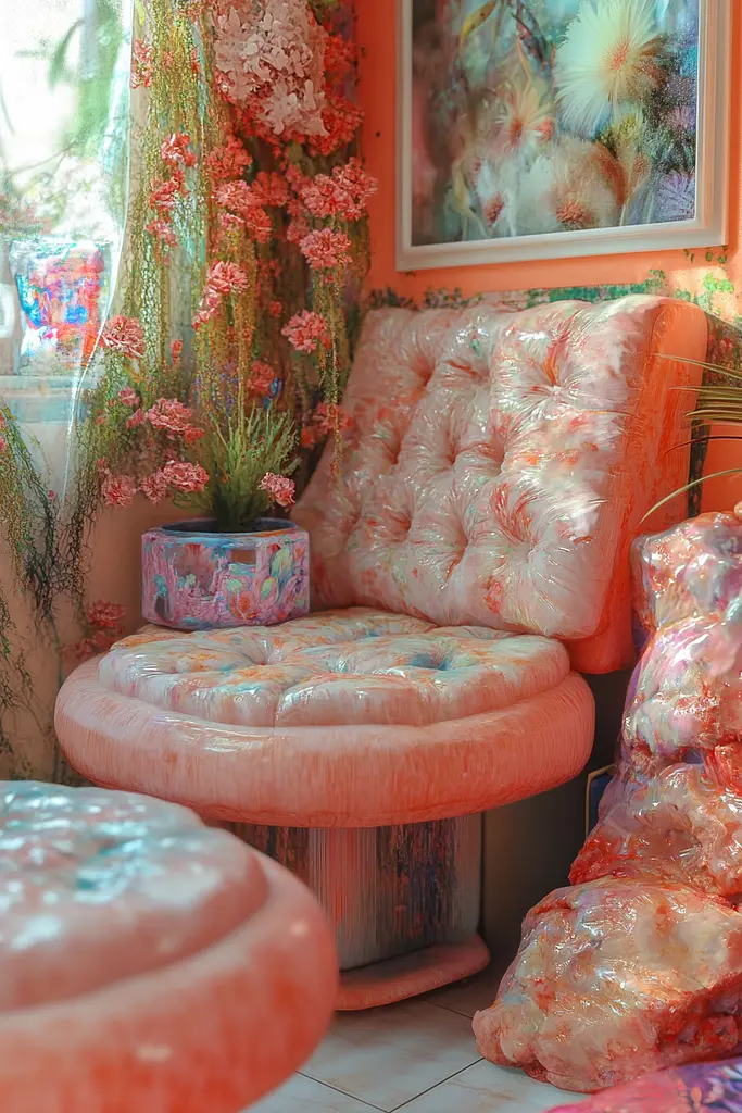 Midjourney generated image using SREF code Spicy Peach 🍑: A living room filled with lots of pink and orange furniture.