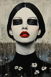 Midjourney generated image using SREF code Bygone Blends: A painting of a woman with black and white makeup and red lipstick.