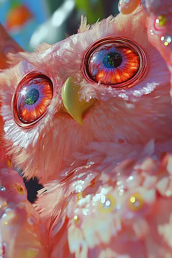 Midjourney generated image using SREF code Spicy Peach 🍑: A close up of a pink owl with big eyes.