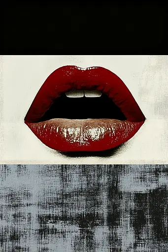 Midjourney generated image using SREF code Bygone Blends: A close up of a woman's mouth with red lipstick.