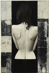 Midjourney generated image using SREF code Bygone Blends: A black and white photo of a woman's back.