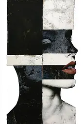 Midjourney generated image using SREF code Bygone Blends: A collage of a woman's face with a black and white background.