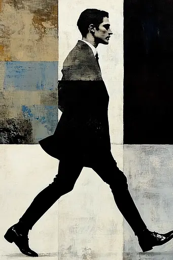 Midjourney generated image using SREF code Bygone Blends: A painting of a man in a suit and tie walking.