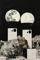 Midjourney generated image using SREF code Bygone Blends: A black and white painting of two white boxes with a full moon in the background.