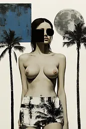 Midjourney generated image using SREF code Bygone Blends: A painting of a nude woman standing in front of palm trees.