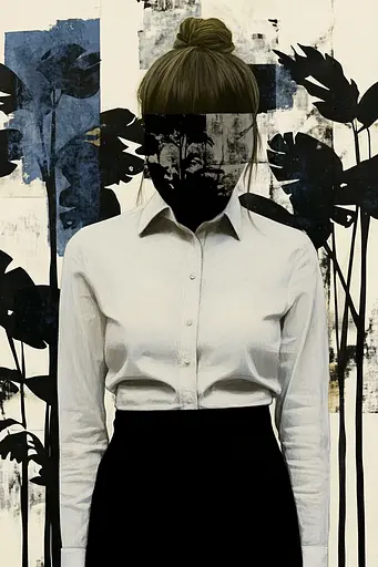 Midjourney generated image using SREF code Bygone Blends: A painting of a woman in a white shirt and black skirt.