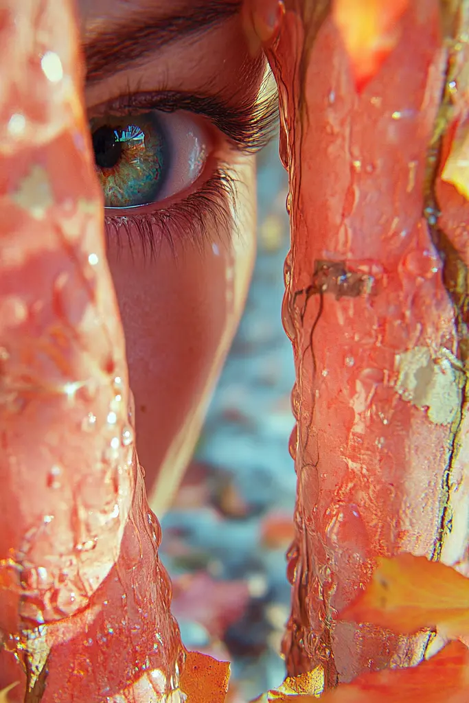 Midjourney generated image using SREF code Spicy Peach 🍑: A close up of a woman's eye peeking out from behind a tree.