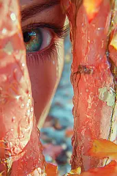 Midjourney generated image using SREF code Spicy Peach 🍑: A close up of a woman's eye peeking out from behind a tree.