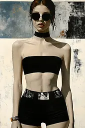 Midjourney generated image using SREF code Bygone Blends: A painting of a woman in a black top and shorts.