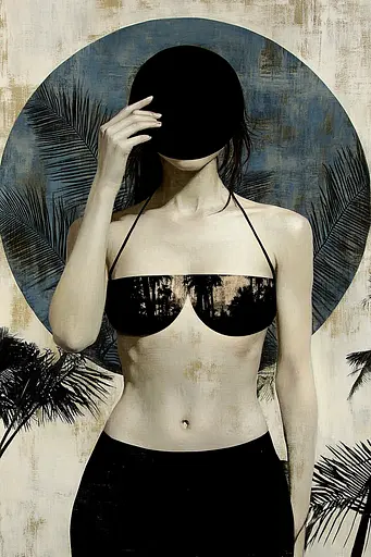 Midjourney generated image using SREF code Bygone Blends: A woman in a black bikini with a black hat covering her face.