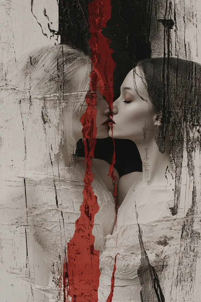 Midjourney generated image using SREF code Melancholic Metamorphoses: A couple of women kissing in front of a wall covered in blood.