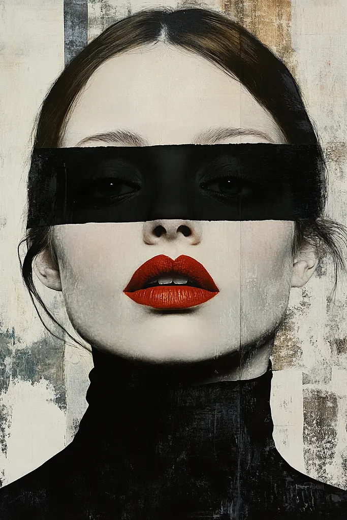 Midjourney generated image using SREF code Bygone Blends: A woman with a black mask and red lipstick.