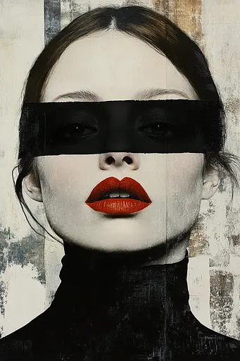 Midjourney generated image using SREF code Bygone Blends: A woman with a black mask and red lipstick.