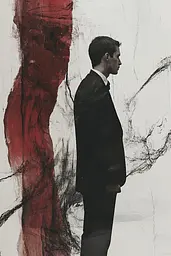 Midjourney generated image using SREF code Melancholic Metamorphoses: A man in a suit standing in front of a painting.