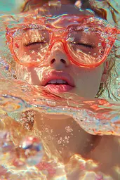 Midjourney generated image using SREF code Spicy Peach 🍑: A woman wearing a pair of orange goggles in the water.