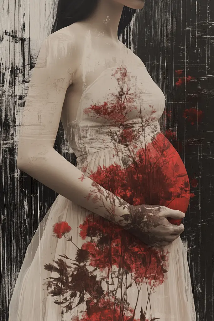 Midjourney generated image using SREF code Melancholic Metamorphoses: A pregnant woman in a white dress holding a red heart.