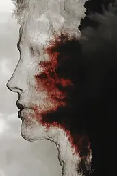 Midjourney generated image using SREF code Melancholic Metamorphoses: A black and white photo of a woman's face with red paint on it.