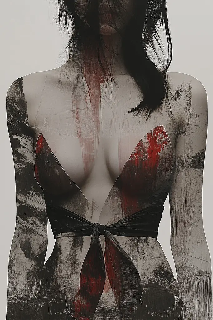 Midjourney generated image using SREF code Melancholic Metamorphoses: A woman in a black and red dress with blood on her body.