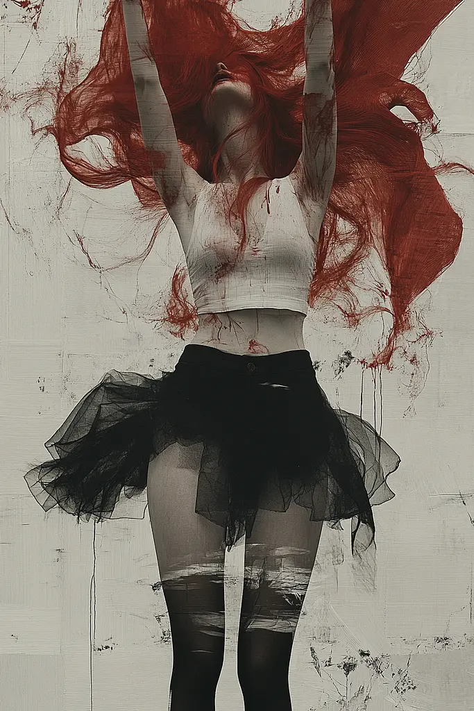 Midjourney generated image using SREF code Melancholic Metamorphoses: A woman with red hair and a black tutu.