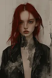 Midjourney generated image using SREF code Melancholic Metamorphoses: A woman with red hair wearing a black jacket.