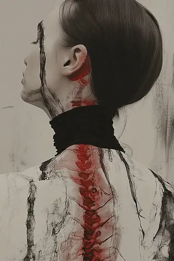 Midjourney generated image using SREF code Melancholic Metamorphoses: A woman with blood on her neck and neck.