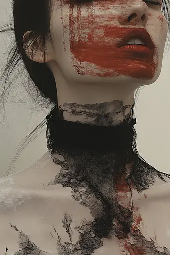 Midjourney generated image using SREF code Melancholic Metamorphoses: A woman with blood on her face and neck.