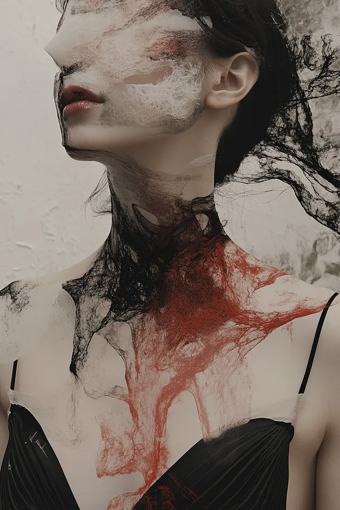 Midjourney generated image using SREF code Melancholic Metamorphoses: A woman in a black dress with blood on her face.