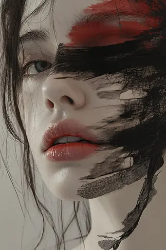 Midjourney generated image using SREF code Melancholic Metamorphoses: A woman with black and red paint on her face.