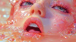 Midjourney generated image using SREF code Spicy Peach 🍑: A close up of a woman's face in the water.