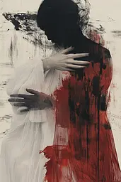 Midjourney generated image using SREF code Melancholic Metamorphoses: A woman in a white dress with a red and black background.