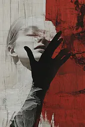 Midjourney generated image using SREF code Melancholic Metamorphoses: A woman with her hand on her face in front of a red and white background.