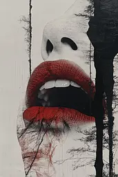 Midjourney generated image using SREF code Melancholic Metamorphoses: a close up of a woman's mouth with red lipstick