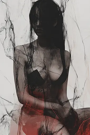 Midjourney generated image using SREF code Melancholic Metamorphoses: A woman in a black bra and red skirt sitting on the ground.