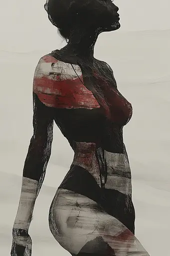 Midjourney generated image using SREF code Melancholic Metamorphoses: A digital painting of a woman in a black and white dress.