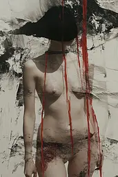 Midjourney generated image using SREF code Melancholic Metamorphoses: A woman in a black hat with blood dripping down her body.