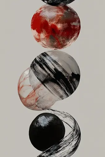 Midjourney generated image using SREF code Melancholic Metamorphoses: A black and white photo of three spheres hanging from a string.