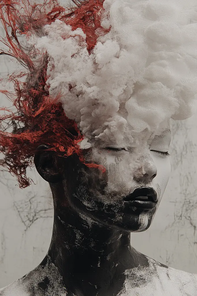 Midjourney generated image using SREF code Melancholic Metamorphoses: A woman with red hair and white paint on her face.