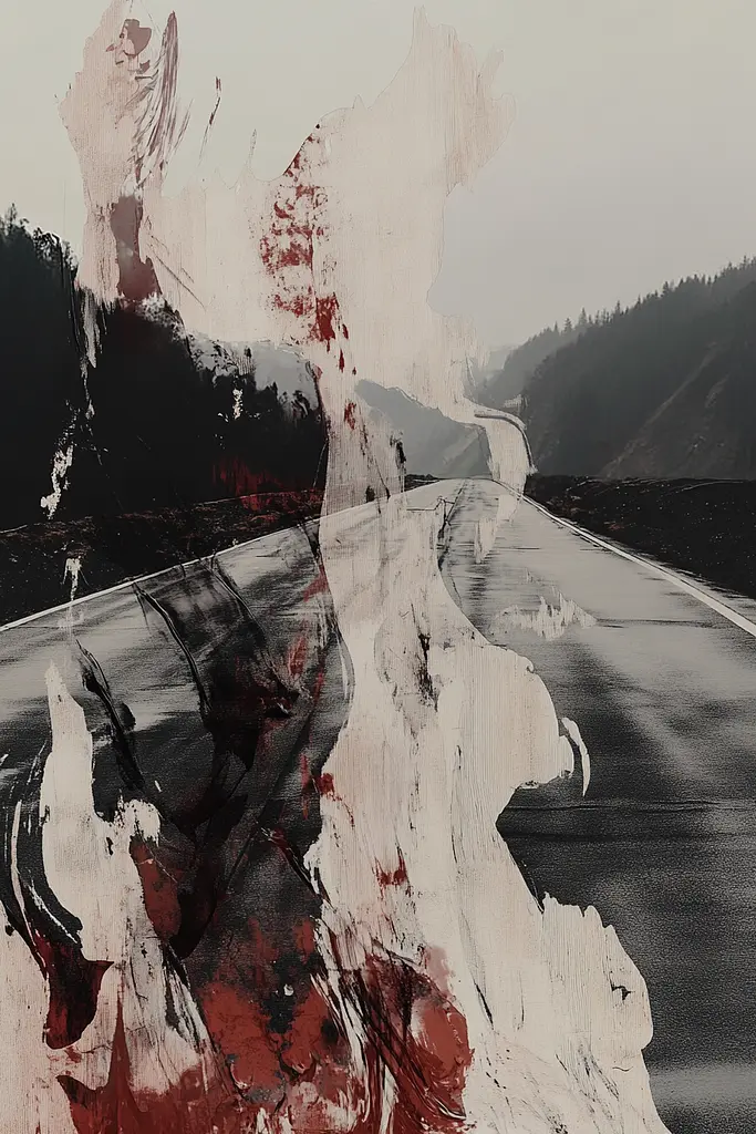 Midjourney generated image using SREF code Melancholic Metamorphoses: A painting of a road with blood on it.