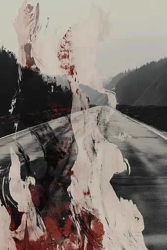 Midjourney generated image using SREF code Melancholic Metamorphoses: A painting of a road with blood on it.