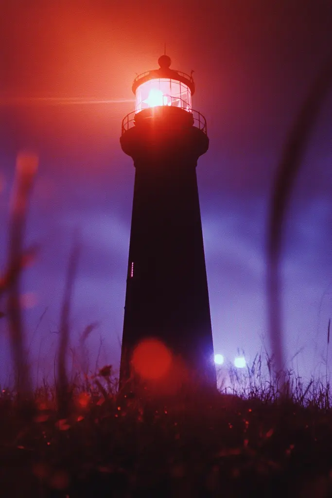 Midjourney generated image using SREF code Technicolor Twilight: A light house in the middle of a field at night.