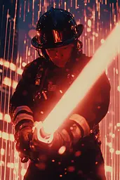 Midjourney generated image using SREF code Technicolor Twilight: A man in a fireman's uniform holding a light saber.